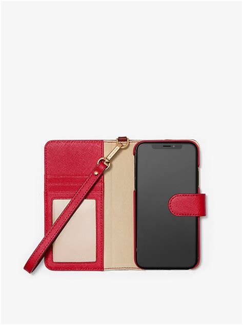 Saffiano Leather Wristlet Folio Case for iPhone XR